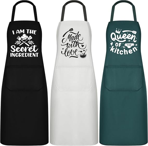 Jeyiour 3 Pack Funny Cooking Aprons Cute Women Oil-proof Kitchen Queen Aprons with Pockets for Home Chef BBQ Birthday Gifts(Black, Green, White)