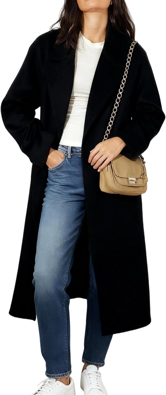 Majdan Women's Double Breasted Wool Blend Coat Notch Lapel Coat Winter Overcoat Mid Long Peacoat Long Jacket Outerwear