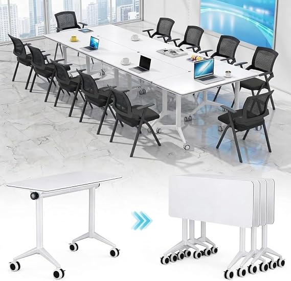 Folding Conference Table with Wheels & Flip Top - Modular Mobile Meeting Table for Office, Training Seminar, Space Saving Design, Easy Folding Classroom Table (2, White, 47x16x30 in)