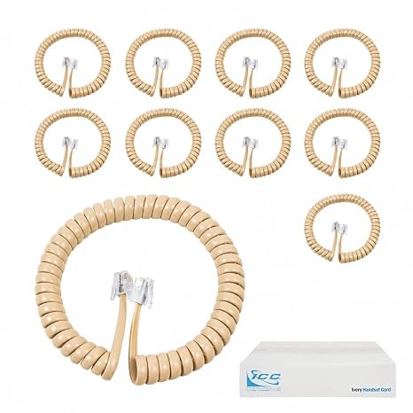 ICC Telephone Handset Cord/Phone Cord, 6 Ft RJ9 (RJ22) Connectors, Ivory, 10-Pack Curly Coiled Tangle-Free Design for PBX & VoIP Phones