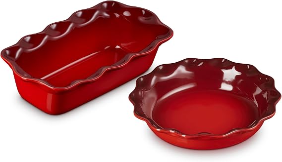 Le Creuset Stoneware 9" Fluted Pie and 9" Fluted Loaf Dish, Cerise
