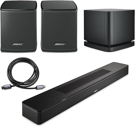 Bose Smart Soundbar, Black, Bundle with 2X Wireless Surround Speakers, Bass Module 500, 6' HDMI 2.0 Cable
