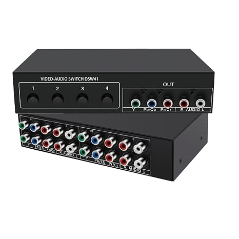 Component AV Video Switch Box 4 in 1 Out 1080P, 4-Way 5 RCA YPbPr Composite L/R Audio AV Splitter RGB Selector Switcher Converter for Xbox 360 Wii PS3 PS2 PS1 SNES DVD/VCD/STB/TV/HDTV, Plug & Play