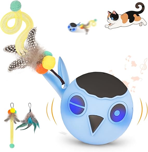 Interactive Cat Toys for Indoor Cats Adult, Cat Ball Toy for Kitten, Automatic Moving Ball for Puppy Small Dog with 2 Feather Tails, 4 Mode Motion Touch Activation, Multiple Chirps Stimulate