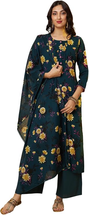 Tissu Women's Rayon Navy Floral Printed Kurta & Palazzo With Cotton Dupatta