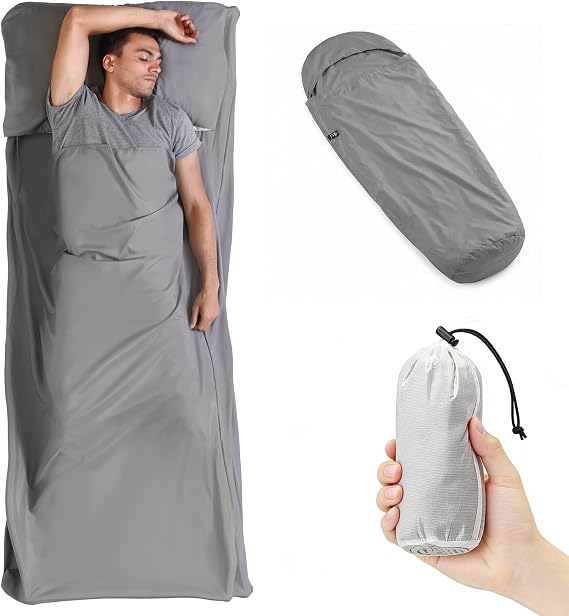 Ultralight Sleeping Bag Liner, 210cm Light Blue Matt Nylon Travel Sheet, 128g Quick Drying Easy-Care Fabric Sleeping Bag Liner Thermal for Backpacking, Hostels, Camping, Travel