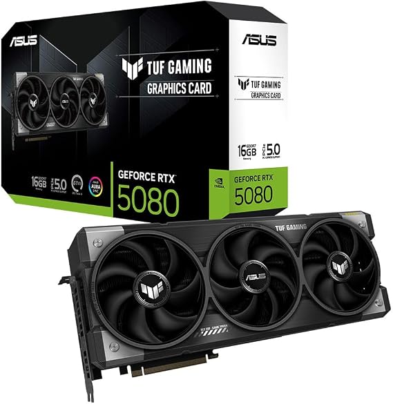 ASUS TUF Gaming GeForce RTX 5080 16GB GDDR7 Gaming Graphics Card (Nvidia GeForce RTX5080, 3.6 Slot Design, PCIe 5.0, 2X HDMI 2.1b, 3X DisplayPort 2.1a, TUF-RTX5080-16G-GAMING)