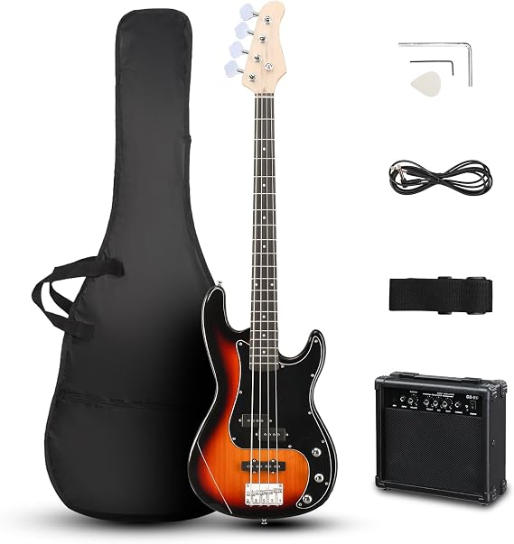 Ktaxon 4 String Bass Guitar, Full-Size Electric Bass Guitar Kit(Sunset) | Includes 20W AMP, Portable Gip Bag, Premium Cable, Adjustable Guitar Strap, Picks and Wrench, Gift For Music Lover
