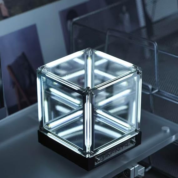 Infinity Cube Light, Infinity Mirror Cube 4D Acrylic LED Abyss Effect Touch Switch Dimmable Rechargeable Mood Night Light for Gaming Desk Office Bedroom Futuristic Decor (White)