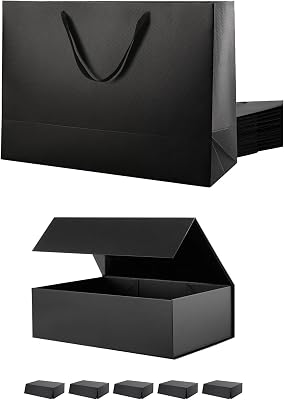 6 Gift Boxes with Lids, Large Christmas Gift Boxes 9x9x3.4 Inches, 12 Black Gift Bags 16x6x12 Inches, Groomsmen Proposal Boxes with Bags for Thanksgiving Day