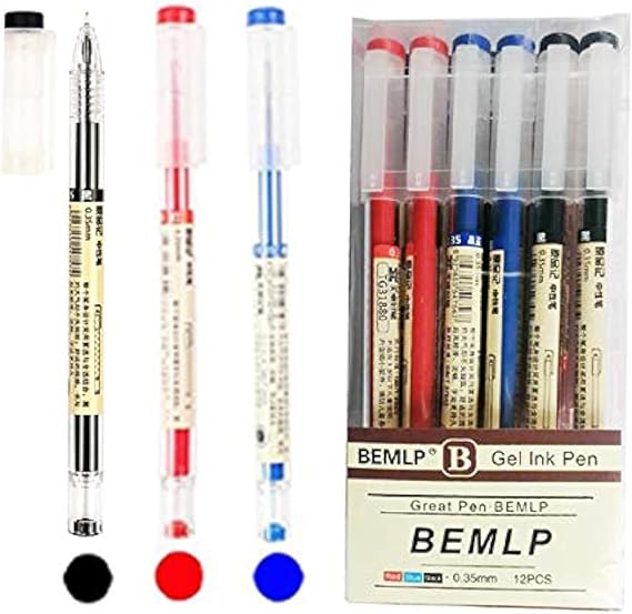 BEMLP Gel Ink Pen Extra fine point pens Ballpoint pen Liquid Ink Rollerball Pens 0.35mm Premium Quick Drying Pen for Japanese Office School Stationery Supply 12 Packs (4 Black 4 Blue 4 Red)