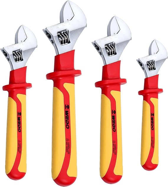WEDO 4-Piece Insulated Adjustable Wrench Set(6-inch,8-inch,10-inch,12-inch),VDE 1000V Adjustable Injection Spanner,Electricians Safety Wrench,Chrome Vanadium Steel,Anti-Slip Handles,IEC 60900