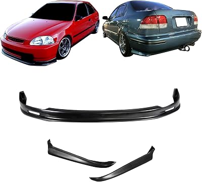 IKON MOTORSPORTS Front Bumper Lip  2PC Rear Bumper Lip Valance Spats, Compatible with 1996-1998 Honda Civic EK 24 Door, Unpainted Black Polypropylene PP Air Dam Chin Spoiler Protector Splitter