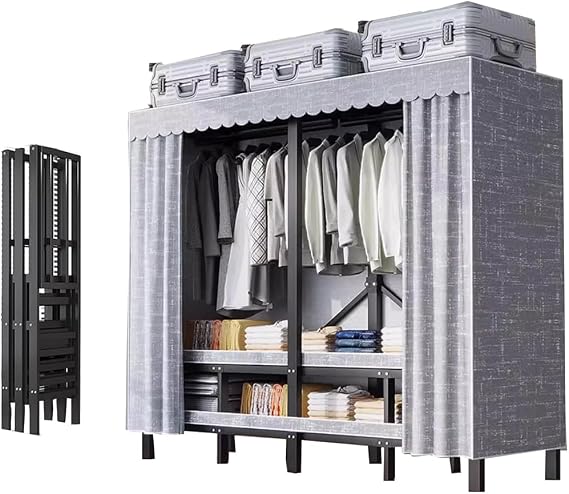 Clothing Rack with Shelf Foldable Large Garment Rack with Cotton Cover Free Standing Clothing Storage Rack for Bedroom Wardrobe,Heavy-Duty Portable Closet Load 1100lb (95IN/242CM)