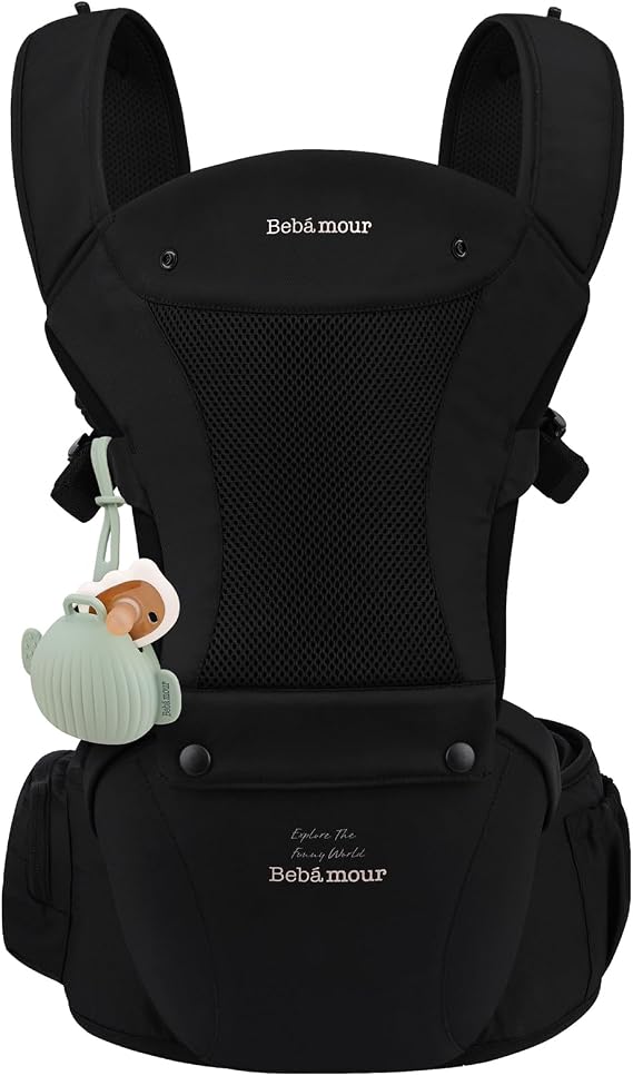 Bebamour Baby Carrier with Hip Seat, Newborn to Toddler 0–36 Months, Ergonomic Infant Carrier with Adjustable Waist Belt, Head Hood, Teething Pads & Waist Extender, Black