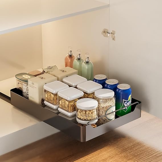 Pull Out Cabinet Organizer, Pull Out Telescopic Kitchen Drawer Extendable Sliding Kitchen Pullout Drawer Organisers For Kitchen Cupboard Cabinet, Drill-Free, 40cm W X 43cm D X 7cm H,White(Black,43*40*
