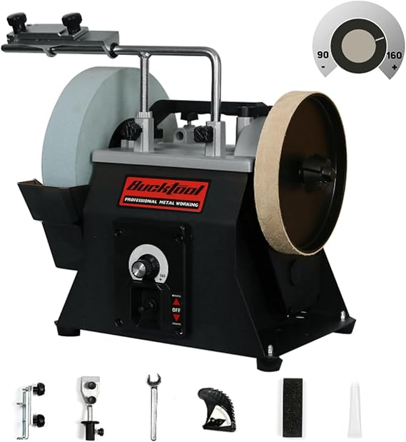 BUCKTOOL 250mm Variable Speed Wet Bench Grinder, Wet Stone Sharpener System | 90-160 RPM Reversible Rotation, 220-Grit Wheel, Water Cooling and Dry Honing for Knives, Chisels and Workshop Tools