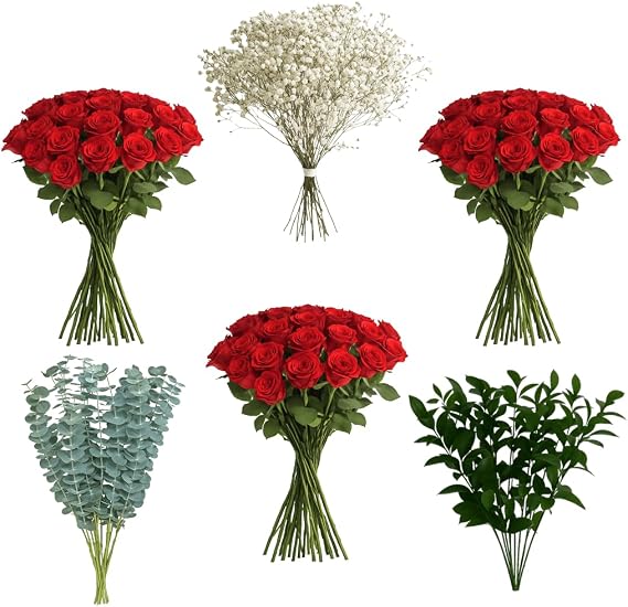 GlobalRose 75 Red Roses with Babys Breath, Ruscus & Eucalyptus | Bulk Fresh Flowers for DIY Arrangements, Events, or Gifts
