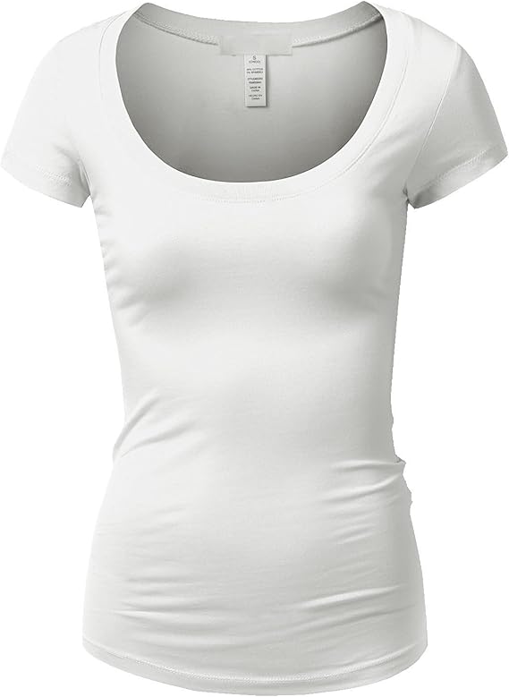 Active Basic Womens Plain Basic Deep Scoop Neck with Cap Short Sleeves - White - X-Large