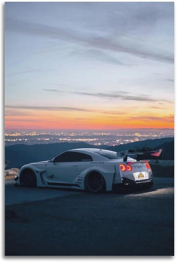 CWBUFD Sports Car Poster R35 Liberty Walk Sunset Cityscape Decorative Canvas Family Bedroom Artwork Picture Painting 16x24inch(40x60cm)