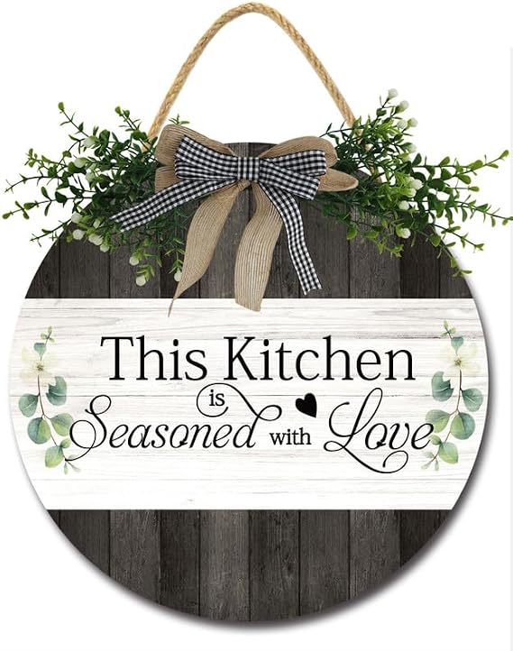 Bidesign This Kitchen Is Seasoned With Love Kitchen Decor Farmhouse Kitchen Wall Decor Wooden Round Rustic Kitchen Door Sign for Home Decor Dining Room Cabinet Kitchen Decration