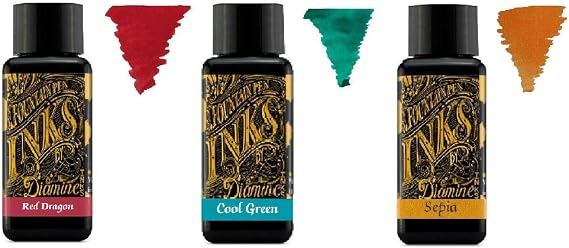 Diamine - 30ml Fountain Pen Ink - 3 Pack - Red Dragon, Cool Green, Sepia
