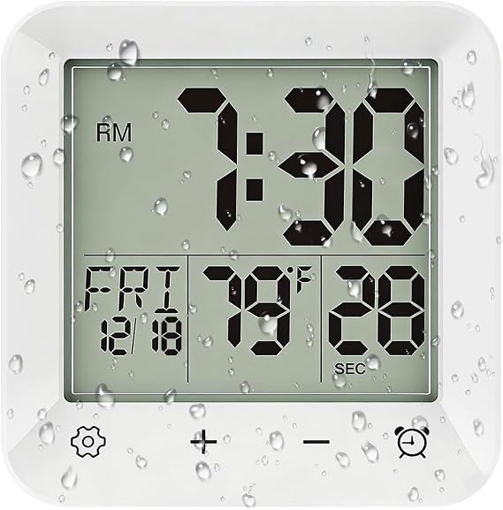 Bathroom Clock Waterproof Shower Timer, Digital Wall Clock with Countdown, Touch Screen, LCD Display, Temperature, Suction Cup/Hanging Hole/Stand, Spa Sauna I White