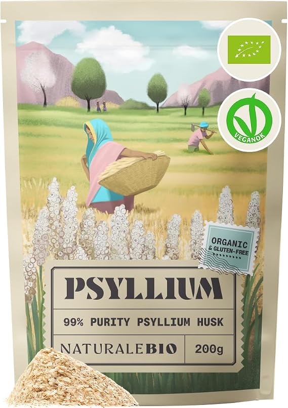 NaturaleBio Organic Psyllium Husk 99% Purity Lab-Tested Gluten-Free | 200 g. Pure psyllium seed husks, not powder, for water, juice, yoghurt, smoothies and gluten-free baking.