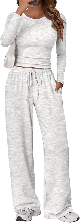 Trendy Queen Women's 2 Piece 2026 Fall Fashion Lounge Set with Pockets | Airport Outfit, Athleisure Workout Set, Fall Wardrobe Staple, Winter Style, Side-Ruched Top, Drawstring Wide-Leg Pants