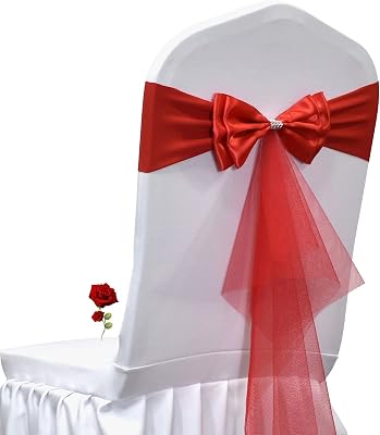 Pack of 12 Double Bows Organza Stretch Chair Sashes, for Wedding Party Chair Cover Decoration, Spandex Stretch Chairs Bands 12 PCS Red