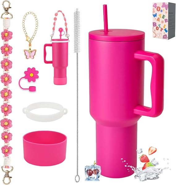 40 oz Tumbler with Handle and Straw & 6 Pieces Cup Accessories for 40 oz Cup - Vacuum Insulated Stainless Steel Double Wall Water Bottle Travel Coffee Mug (Raspberry Vibes)