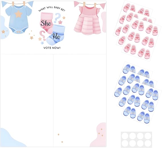 Gender Reveal Voting Game, Baby Shower Prediction Board with Pink & Blue Shoe Stickers, 58x42cm Interactive Poster, Baby Shower Games & Decorations