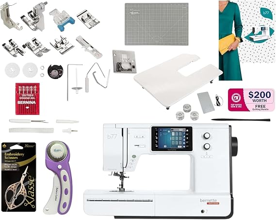 Bernette B77 Computerized Sewing Machine | Heavy Duty, Quilting Kit with Extension Table, Presser Feet, Bobbins, Needles, Rotary Cutter, LCD Display & $200 Bonus Bundle