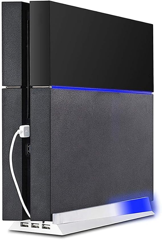 Vertical Stand for PS4 White, Kailisen Blue Light Base Led PS4 Bracket Mount Holder Stand for Playstation 4 Console with 3 USB Hub Ports -White