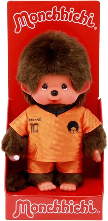Sekiguchi 253883 Original Monchhichi Boy Football Player, Approx. 20 cm Large Plush Toy Made of Brown Plush