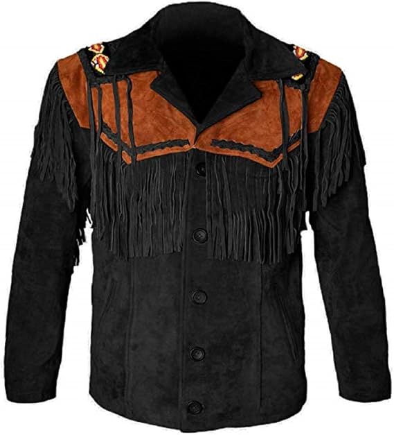 LEATHERAY Western Leather Jackets for Men Cowboy Leather Jacket and Fringe Beaded Coat Suede Leather shirt Black 5XL