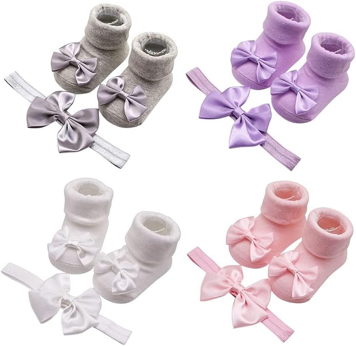 4-Pack Baby Girl Headbands & Socks Set Newborn Photography Props (3-12 Months)
