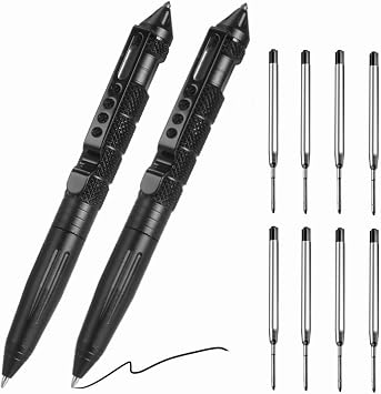 2 Pack Military Tactical Pens with 8 Black Refills, Emergency Self Defense & Glass Breaker Pen, Multi-Functional Survival Tac Pens Gifts for Men Dad Husband Him