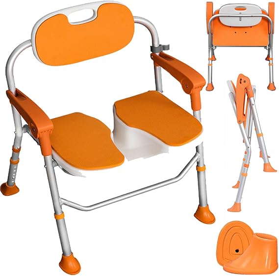 Folding Shower Chair for Elderly and Disabled, Widened Folding Shower Chair with Arms, Non-Slip Feet Shower Seat for Inside Shower, Support 330 Lbs,Orange,with Skid feet