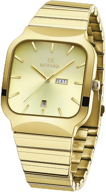 Reward Luxury Business Watch, Stainless Steel Band, Square Face, Day-Date Display, Quartz Movement, Waterproof, Available in Silver, Gold, Black
