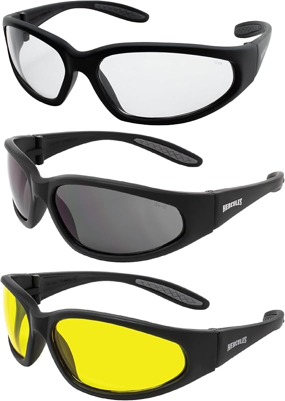 Global Vision Hercules Safety Glasses Motorcycle Sunglasses Z87.1 3 Pair Clear Smoke and Yellow Lenses