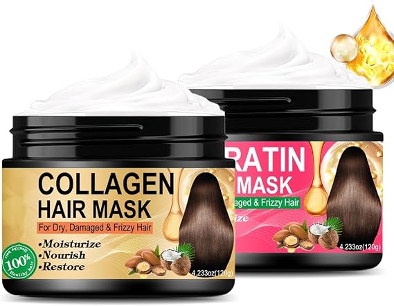 2 Pack Collagen Hair Mask & Keratin Hair Mask, Hydrating Deep Keratin Hair Treatment for Dry, Damaged and Split Ends - Hydrates, Repairs, Nourishes, Frizz Control - Argan Oil Hair Repair