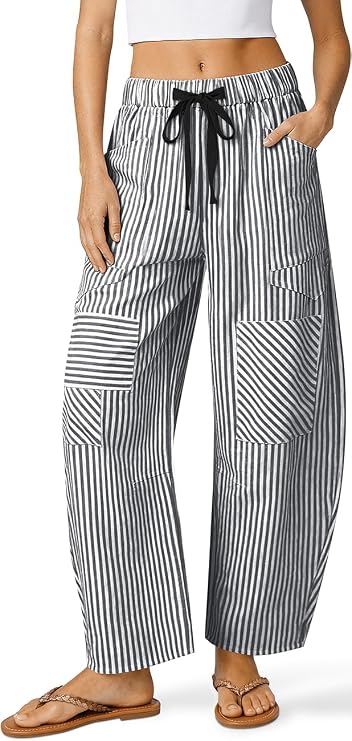 TARSE Womens Striped Linen Barrel Pants with Pockets Y2k Patchwork