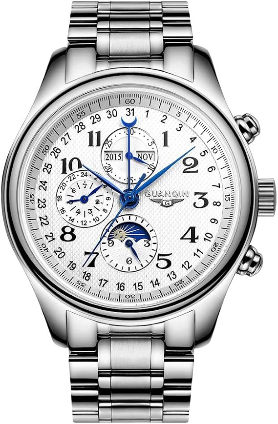 Guanqin Men Analog Automatic Self Winding Mechanical Wrist Watch with Stainless Steel/Leather Band Moon Phase (Silver White-Steel Chain)