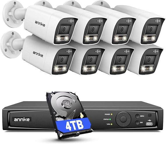 ANNKE 4K Two-Way Audio PoE Security Camera System, 16CH H.265+ NVR with AI Human/Vehicle Detection, 8X 8MP Wired Outdoor Bullet IP Cams with Flashing Light & Audio Alarm, Smart Dual Light, 4TB HDD