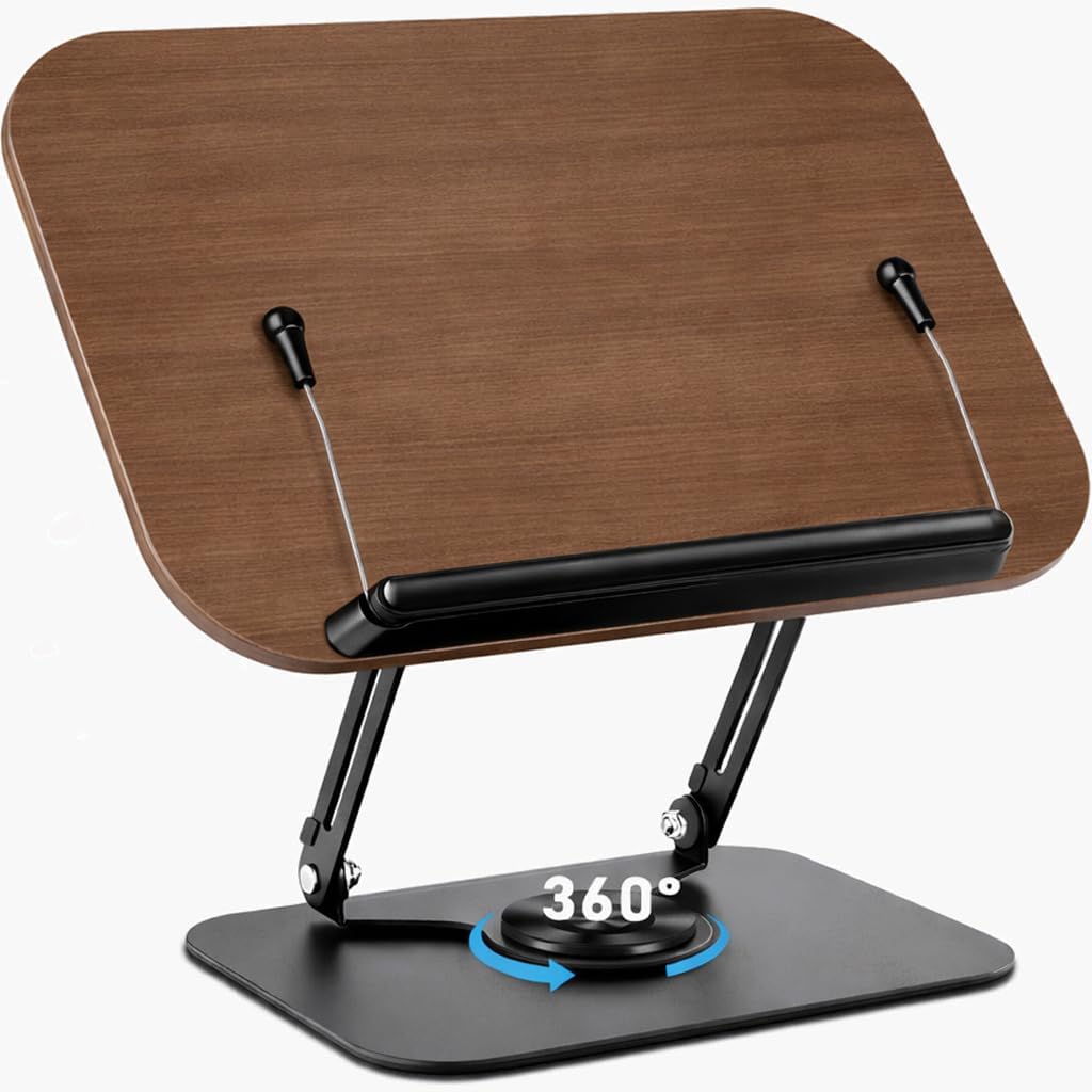 Book Stand, Book Stand, Wood Grain, Reading Stand, Tabletop, Foldable, Natural Wood, Book Holder, 360° Rotation, Ironing Base, Stepless Adjustable AngleHeight, Wont Damage Pages, Excellent