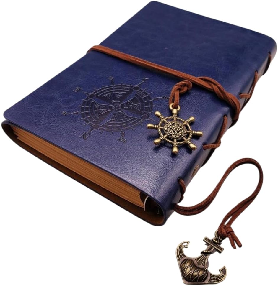 Senon Retro Vintage Pusula Baskılı Çapa Ve Dümen Kolye Uçlu Deri Kapaklı Günlük Not Defteri Denizci Defter Özel Tasarım Hediyelik Mavi
