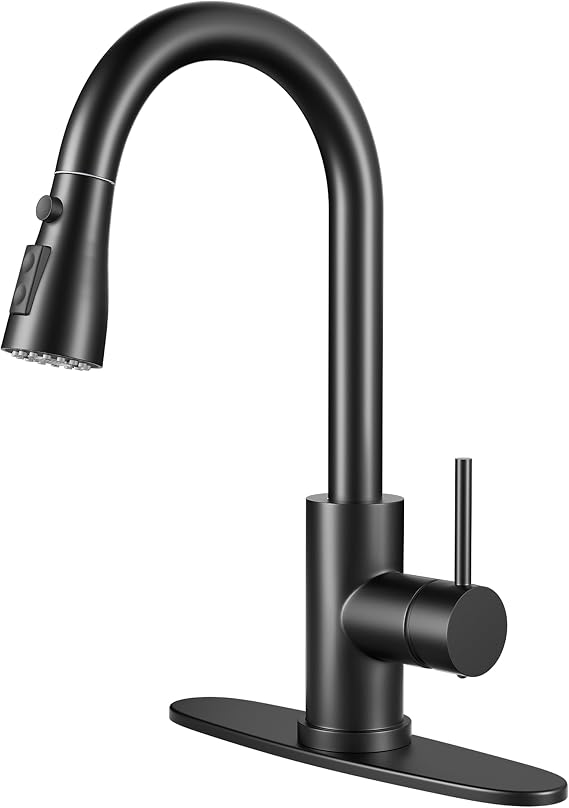 Single Handle High Arc Matte Black Pull Out Kitchen Faucet, Single Level Stainless Steel Kitchen Sink Faucet with Pull Down Sprayer and 10 Inch Deck (Matte Black)
