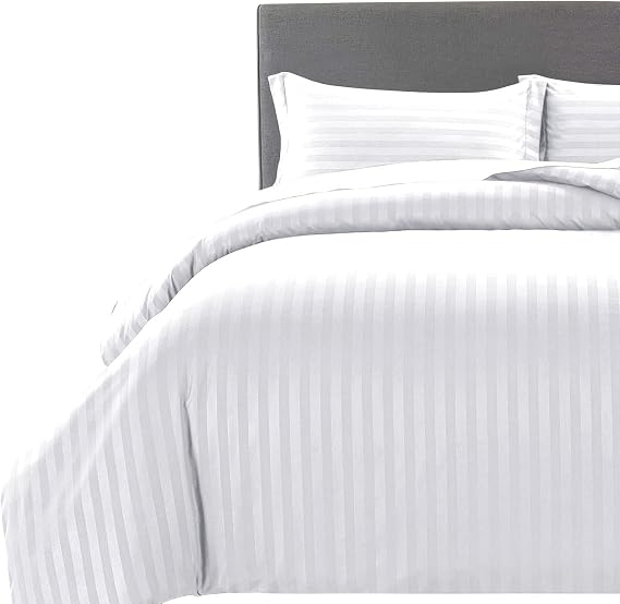 MOONLIGHT20015 Super King Duvet Set Reversible Stripes Satin Bedding Sets with 2 Pillowcases Soft Hypoallergenic Duvet Cover (White 260x220)
