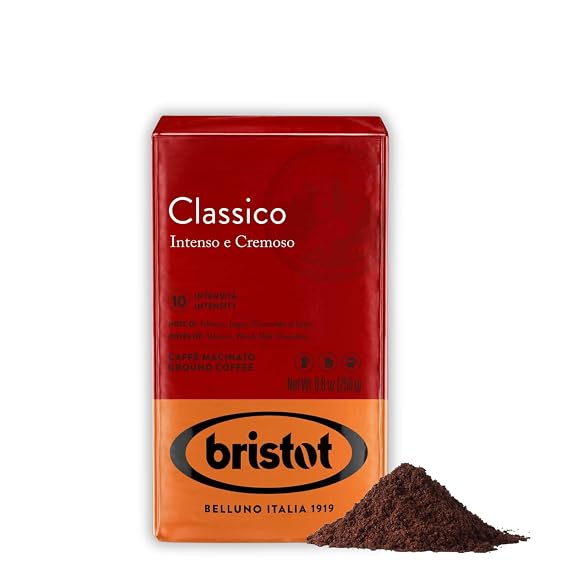 Bristot Classico Ground Espresso Intense & Creamy Medium Roast Italian Coffee For Moka, French Press & Pour Over 8.8 oz (250g)
